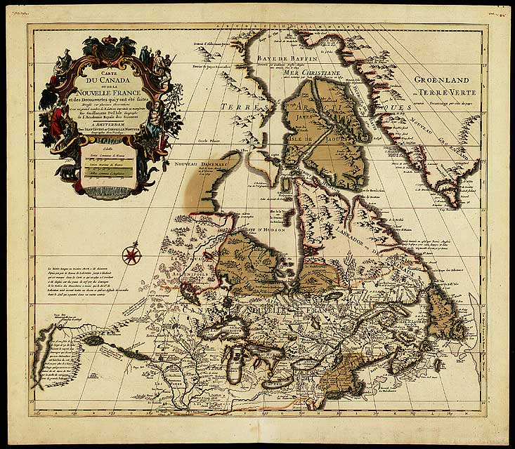 New France by Guillaume De lIsle, 1741

A fine summary of French explorations, the map first appeared in 1703 and was updated until 1790. It is the first map to show lines of latitude and longitude fairly accurately.
